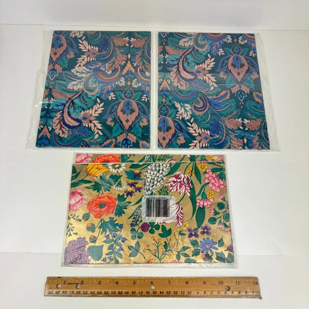 Vtg Pack of 3 Floral Flower Paisley Turquoise Blue Gold Gift Wrap Sheets‎ Color